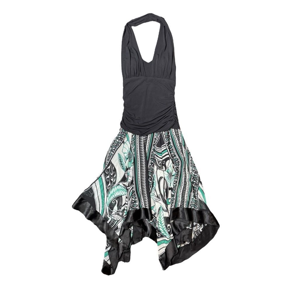Dress Barn Black, White + Turquoise Halter Satin Handkerchief Midi Dress Size 4